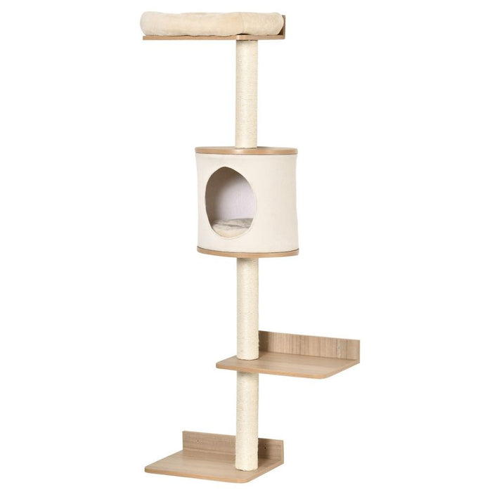 PawHut Wall-Mounted Cat Tree Shelter - Condo Bed Scratching Post - Beige