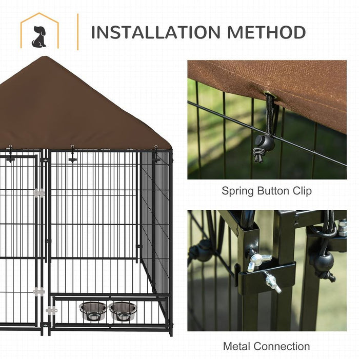 Premium Outdoor Dog House Kennel: Canopy Top, Secure Lock, and Rotating Bowl Holder