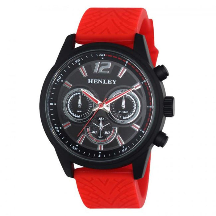 Premium Black Silicone Strap Sports Watch for Men. Henley H02216.10 with Red Dial, Multi Eye Design. Top Quality. Gift Box.