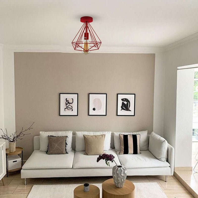 Retro Red Metal Cage Ceiling Light - Vintage Semi Flush Mount Lampshade (E27 Holder)