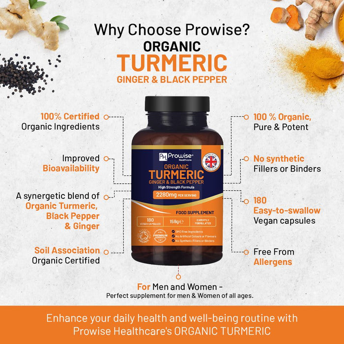 Organic Turmeric 2280mg (High Strength) with Black Pepper & Ginger - 180 Vegan Capsules