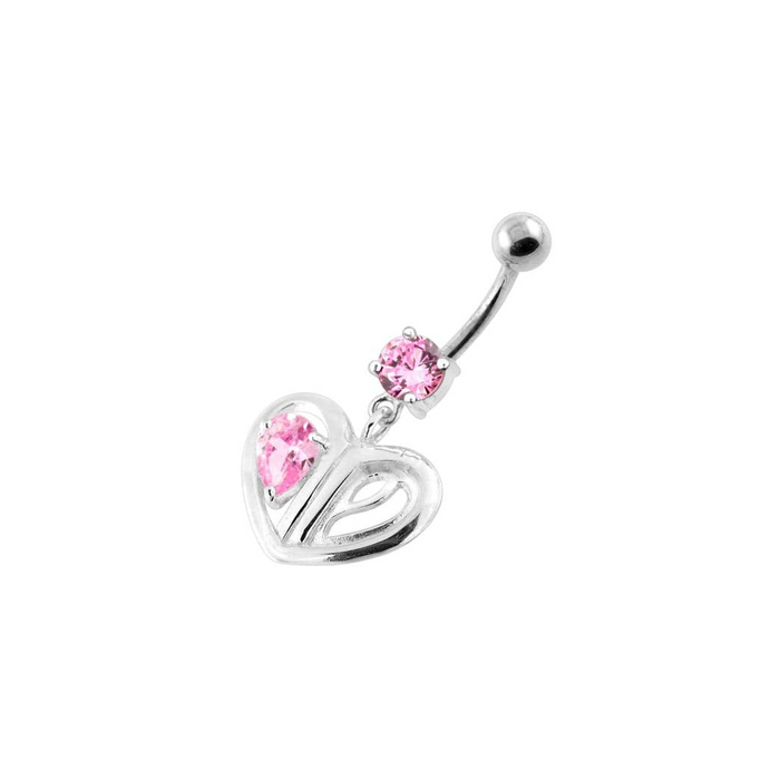 Jeweled Heart Cut out 925 Sterling Silver Navel Bar