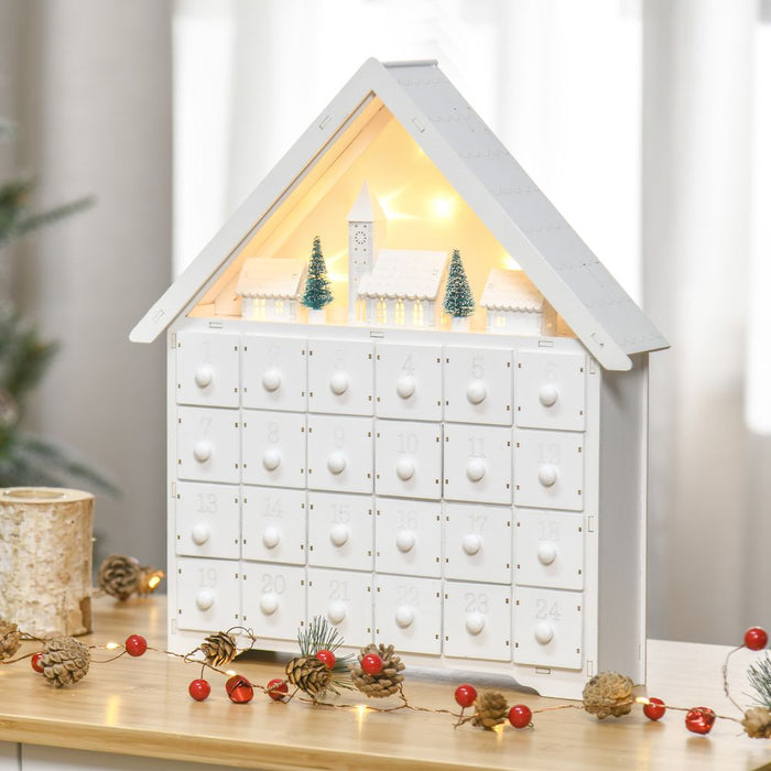 24-Drawer Christmas Advent Calendar Wooden Light-Up Countdown White