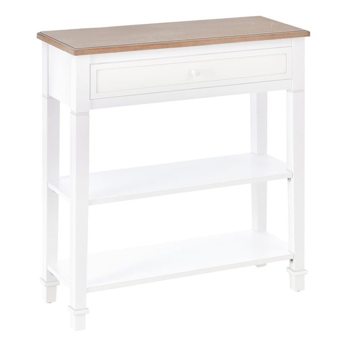 Stylish White MDF Console Table-Drawer & Shelves Storage-Oak Worktop-Balanced Legs