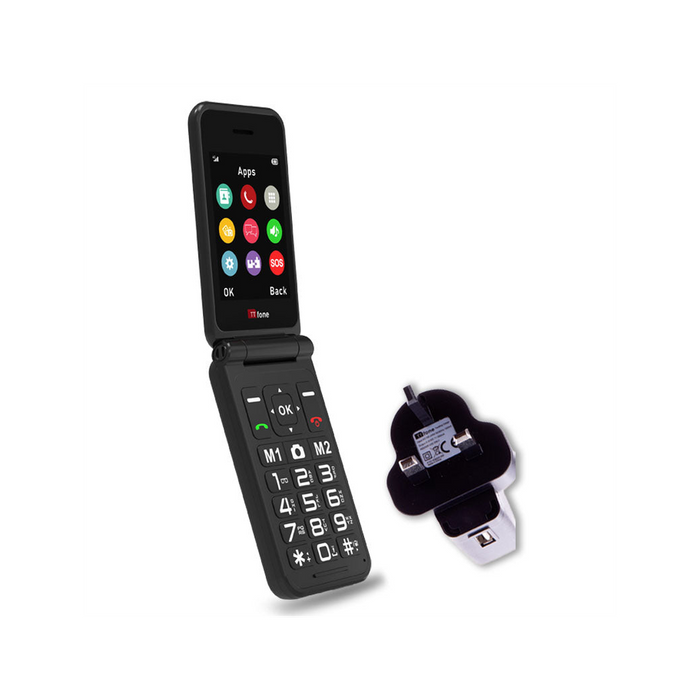 High-Quality TTfone Black Flip 4G Mobile w/ Dock Charger. O2 Pay As You Go. Big Button & Emergency Assistance. Free Shipping!