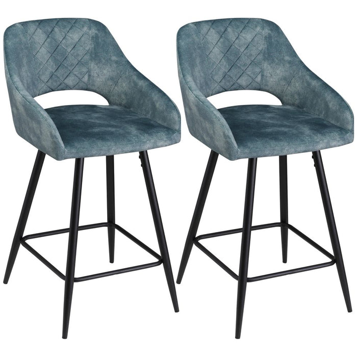 Bar Stools Set of 2, Velvet-Touch Fabric Counter Height Bar Chairs Blue HOMCOM