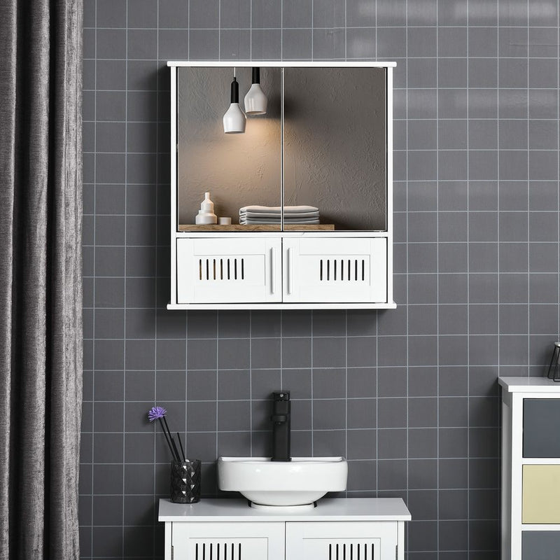 Bathroom Mirror Cabinet: Wall Mounted Storage Cupboard, Double Doors, White