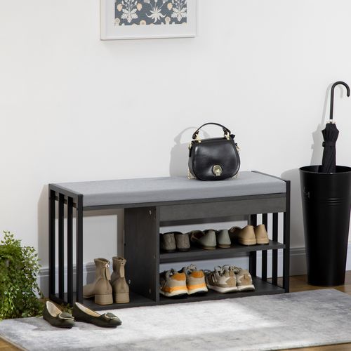 HOMCOM Upholstered Entryway Shoe Bench with Storage Open Shelves, Grey