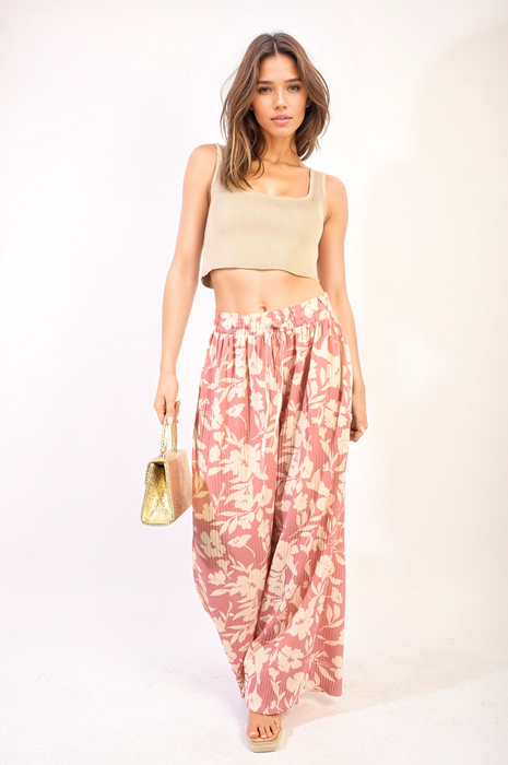 Pleated Wide Leg Floral Print Trousers