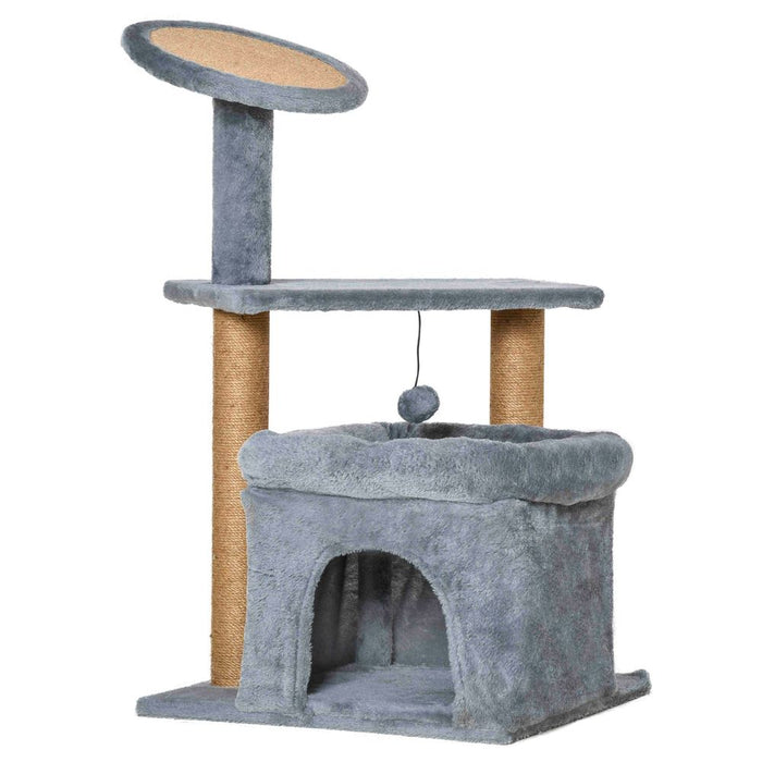 PawHut Cat Tree Tower for Indoor Cats, Cat Scratching Post with Bed, Cat House, Scratching Pad, Perch, Interactive Ball Toy 48 x 48 x 84cm, Grey