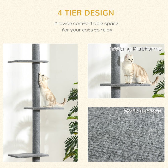 260cm Floor To Ceiling Cat Tree Kitten Tower Adjustable Height - Grey Pawhut