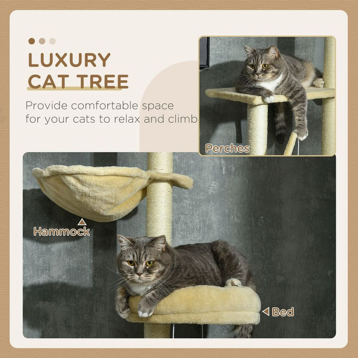 Ultimate Cat Paradise: 6-Tier Floor to Ceiling Cat Tree - Bed, Hammock, Scratching Post (Beige)