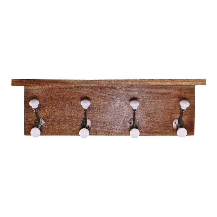 Stylish Set of 4 White Ceramic Double Coat Hooks on Wooden Base with Shelf