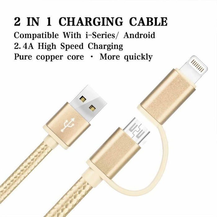 FX Powabud Nylon Braided USB Cable | 2 in 1 Dual Lightning Connector Cord | Gold