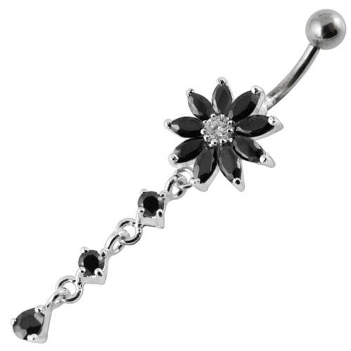 Flower Dangling Jeweled Curved Bar Belly Ring