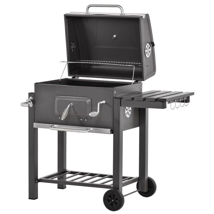 Premium Charcoal Grill BBQ Trolley | Wheels | Side Shelf | Thermometer | Steel | Black