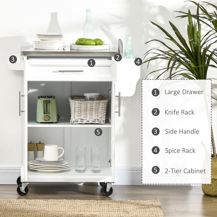 Rolling Kitchen Cart Storage Trolley with Drawer Towel Rail Steel White