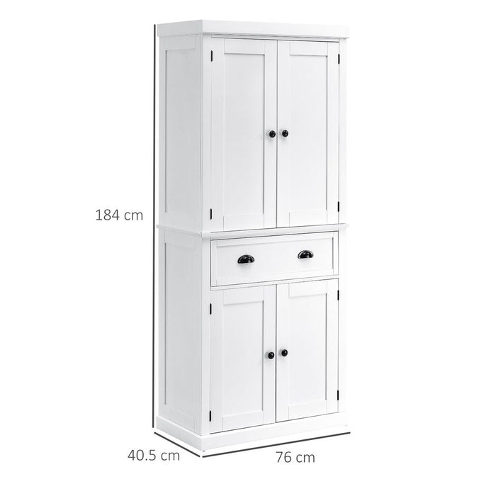 Premium White MDF Kitchen Pantry Cabinet - 184cm, Adjustable Shelves, Drawer - Enhance Your Kitchen Storage