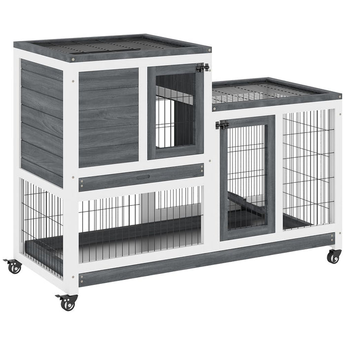 PawHut Wooden Indoor Rabbit Hutch Guinea Pig House Bunny Small Animal Cage W/Wheels Enclosed Run 110 x 50 x 86 cm, Grey