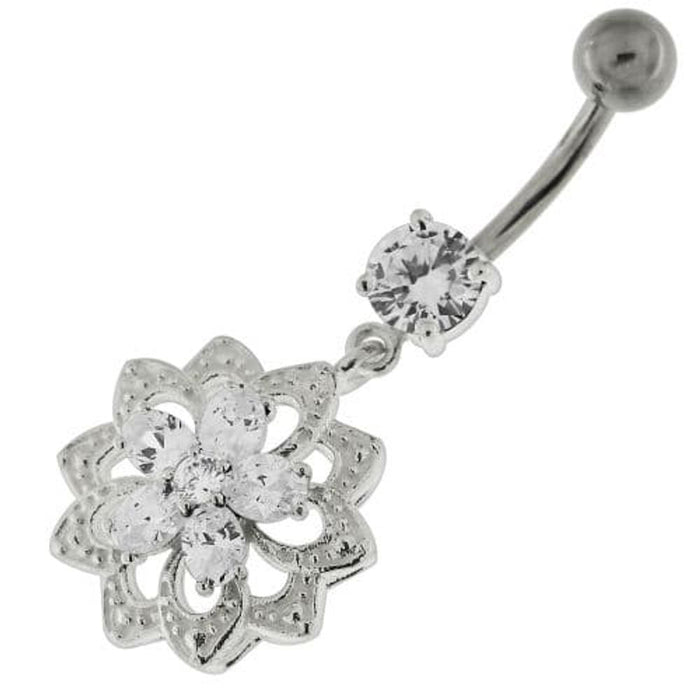 Jeweled Filigree Flower Sterling Silver Belly Button Ring