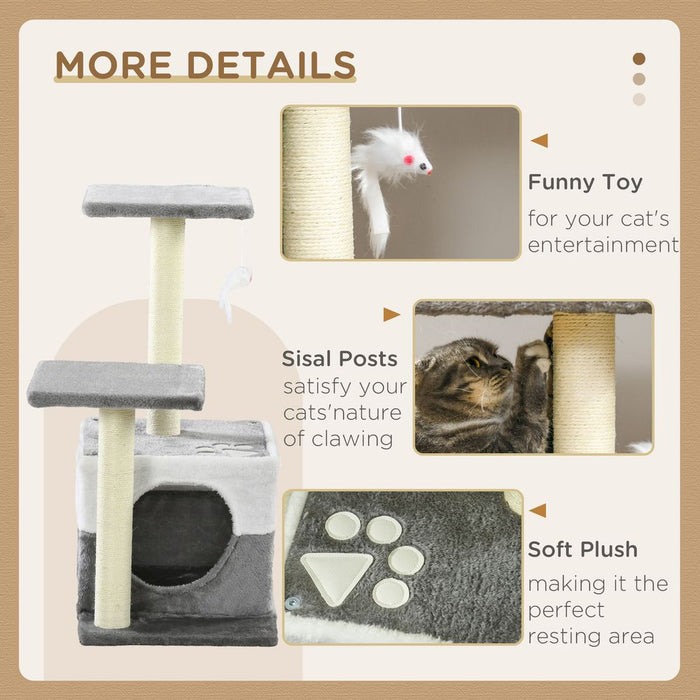 PawHut Cat Tree - Sisal Scratching Posts, House, Perches, Toy Mouse - Grey