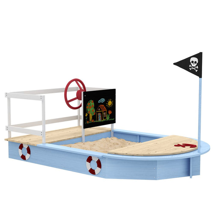 Outsunny Sand Pit with Blackboard, Flag, Storage Deck for Outdoor Play, Blue