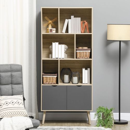 HOMCOM Freestanding Bookshelf with Bottom Cabinet and 6 Open Shelves, Natural