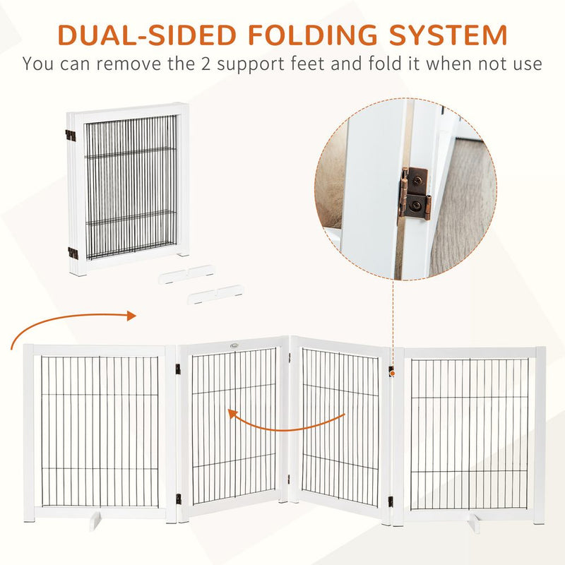 PawHut Freestanding Pet Gate Safety Barrier 4 Pannel with Support Feet White