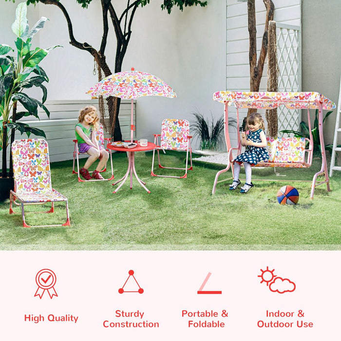 Outsunny Kids Outdoor Bistro Table and Chair Set Butterfly Pattern Garden Patio Backyard with Removable & Height Adjustable Parasol