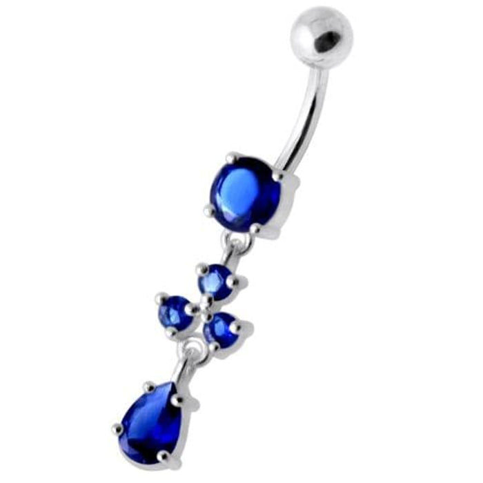 Tri Round Jeweled Dangling Silver Belly Bar