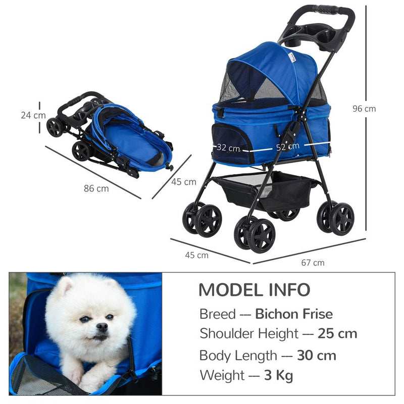 PawHut Dog Pram Dog Stroller Foldable Pet Pushchair with 4 Wheels, Safety Leashes, Cup Holder for Small Dogs, Blue