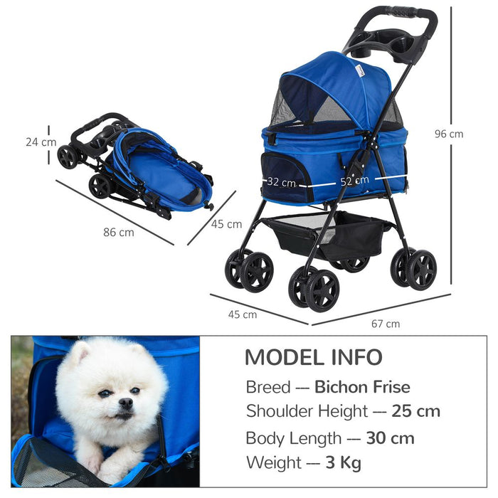 Pet Stroller  Foldable Travel Carriage with Brake Basket Adjustable Canopy