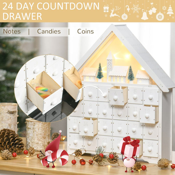 24-Drawer Christmas Advent Calendar Wooden Light-Up Countdown White