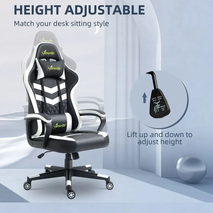 Ultimate Racing Gaming Chair - Lumbar Support, Headrest, Black/White - High Quality