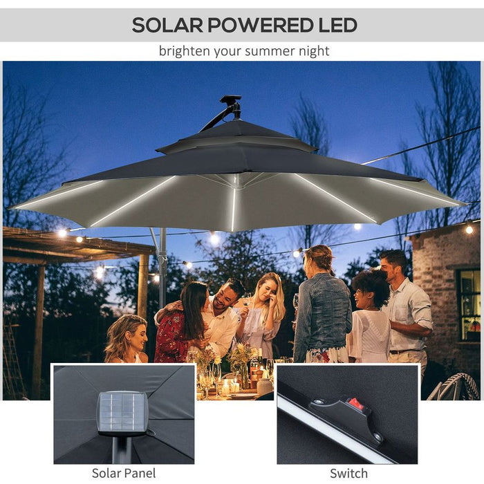 Premium Outsunny 3m Cantilever Umbrella - Hanging Banana Design - Solar LED Lights - Black, High Quality