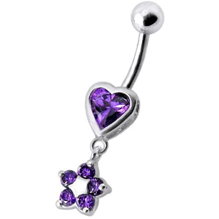 Jeweled Heart with Dangling Flower Belly Ring