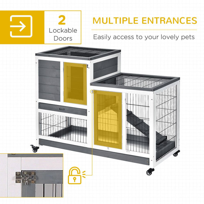 PawHut Wooden Indoor Rabbit Hutch Guinea Pig House Bunny Small Animal Cage W/Wheels Enclosed Run 110 x 50 x 86 cm, Grey