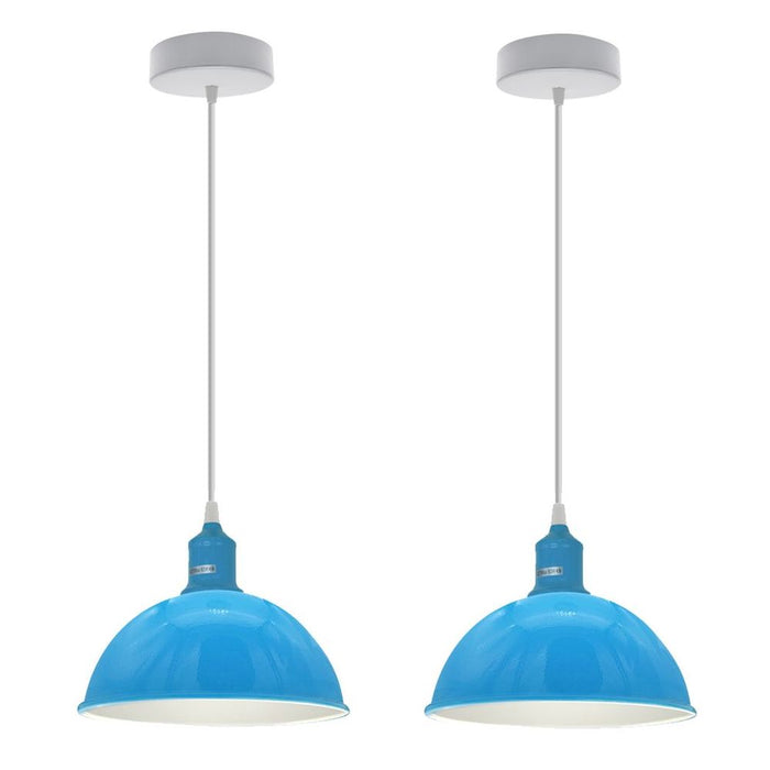 Blue Dome Pendant Lights - 2 Pack, Sturdy Metal, Loft Style, 21cm, Spray Painted, Inner White