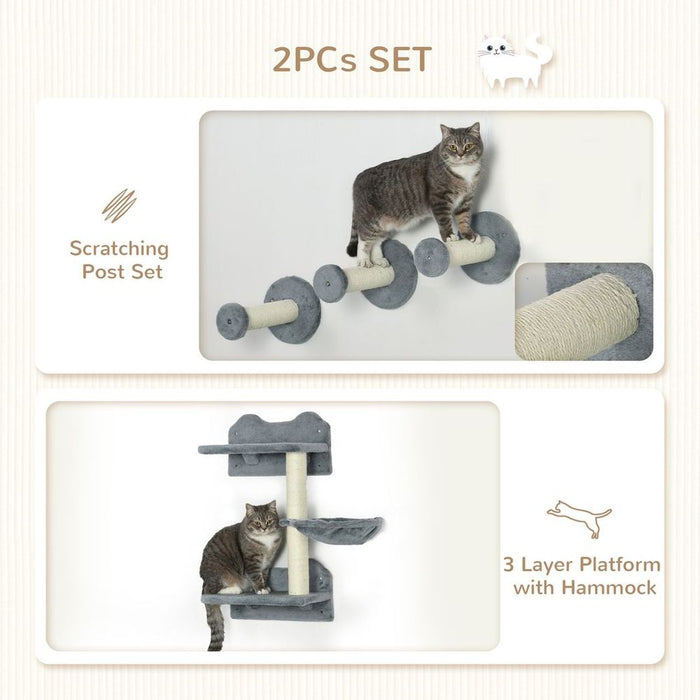 Premium Cat Shelf w/ Scratching Post - Wall-Mounted, Space-Saving, Grey - Ideal for Indoor Cats