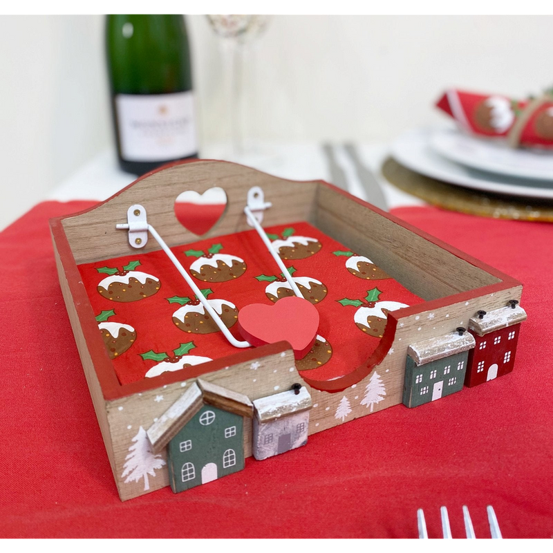 Christmas House Napkin Holder 18cm - Wooden Holder with Metal Arm & 'Merry Christmas' Message Painted - D19.5 x H7 x W18.5cm