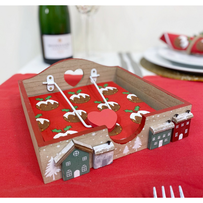 Christmas House Napkin Holder 18cm - Wooden Holder with Metal Arm & 'Merry Christmas' Message Painted - D19.5 x H7 x W18.5cm