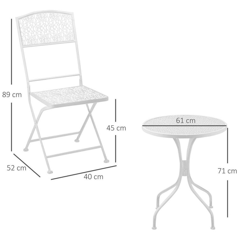 Garden Bistro Set for 2 with Folding Chairs and Round Table, White