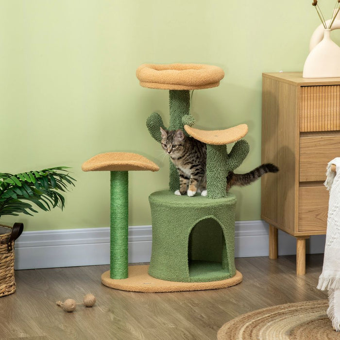 PawHut Cactus Cat Tree 83cm Cat Climbing Tower Kitten Activity Centre w/Cat House, Bed, Sisal Scratching Post, Hanging Toy Ball - Green