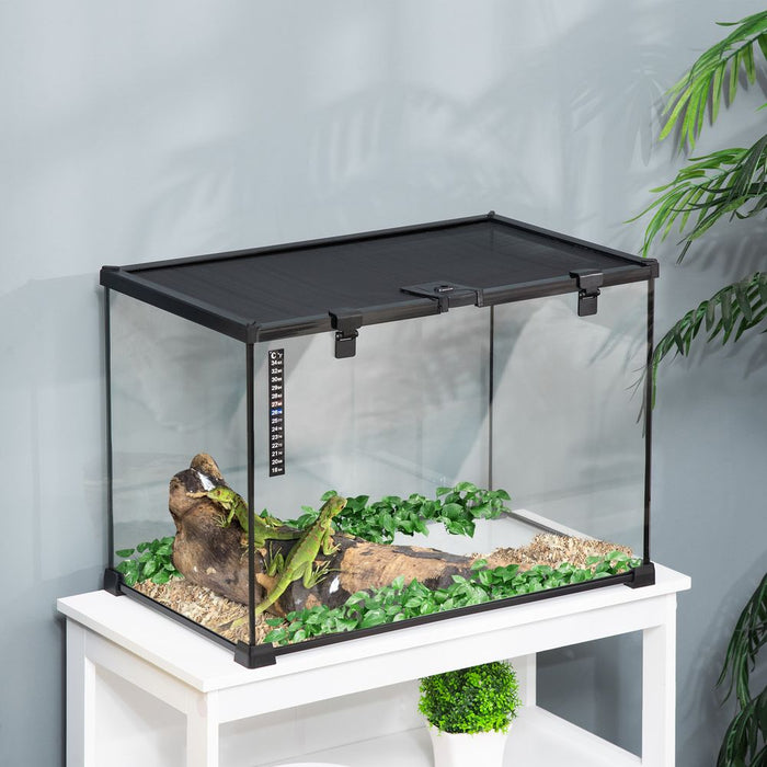 PawHut Glass Reptile Terrarium Insect Breeding Tank Vivarium Habitats with Thermometer for Lizards, Horned Frogs, Snakes, Spiders - Large 50 x 30 x 35cm