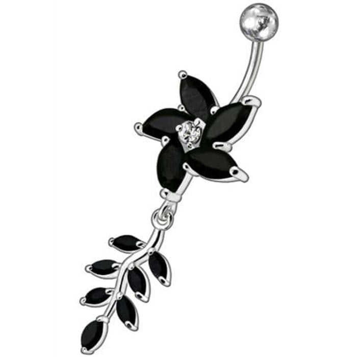 Fancy flower With Leafs Jeweled Silver Dangling Banana Belly Ring