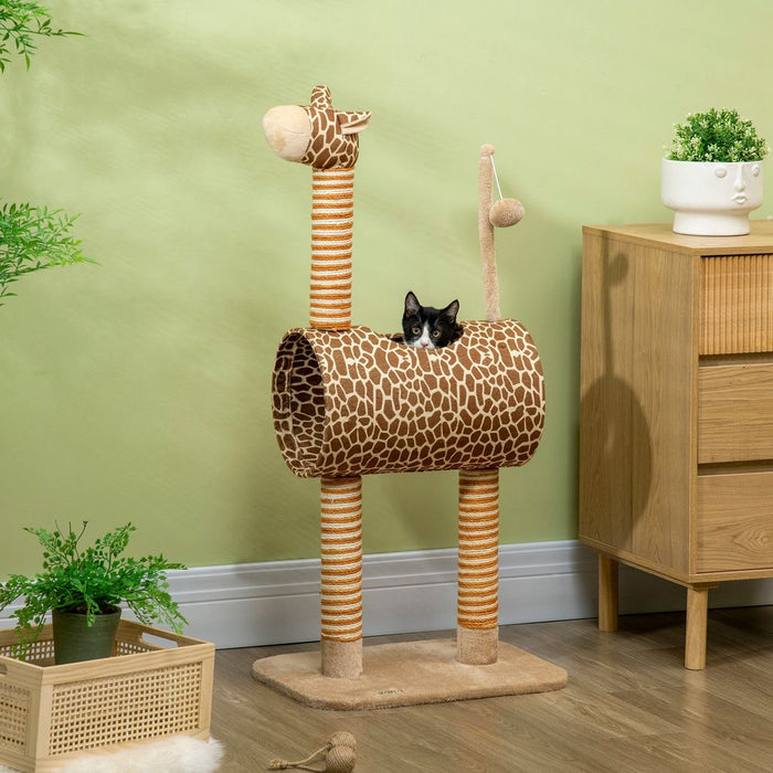 PawHut Cat Tree for Indoor Cats Cute Giraffe Kitten Play Tower w/Scratching Posts, Tunnel, Toy Ball, 48.5 x 34.5 x 101cm - Beige