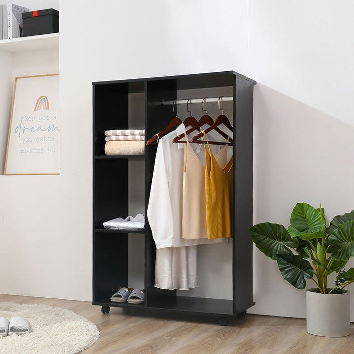 Space-Saving Rolling Open Wardrobe w/ Hanging Rail & Storage Shelves, Black - High Quality