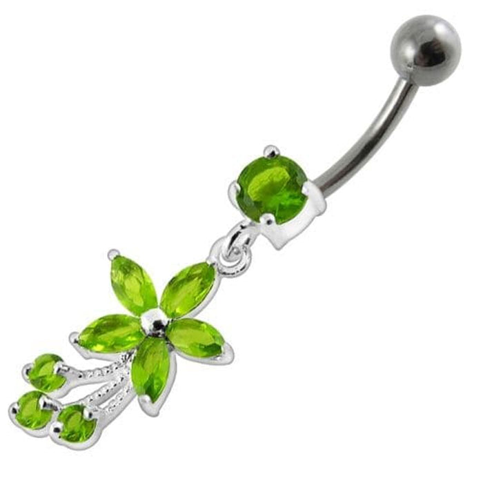 Fancy Flower With Stone Dangling SS Curved Belly Ring