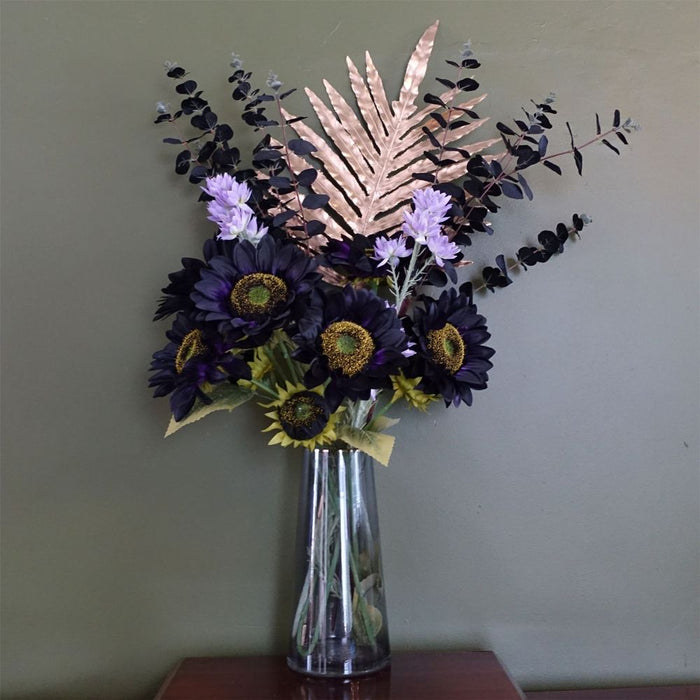 Captivating Purple Sunflower & Gold Leaf Display - 80cm Artificial, Glass Vase Included