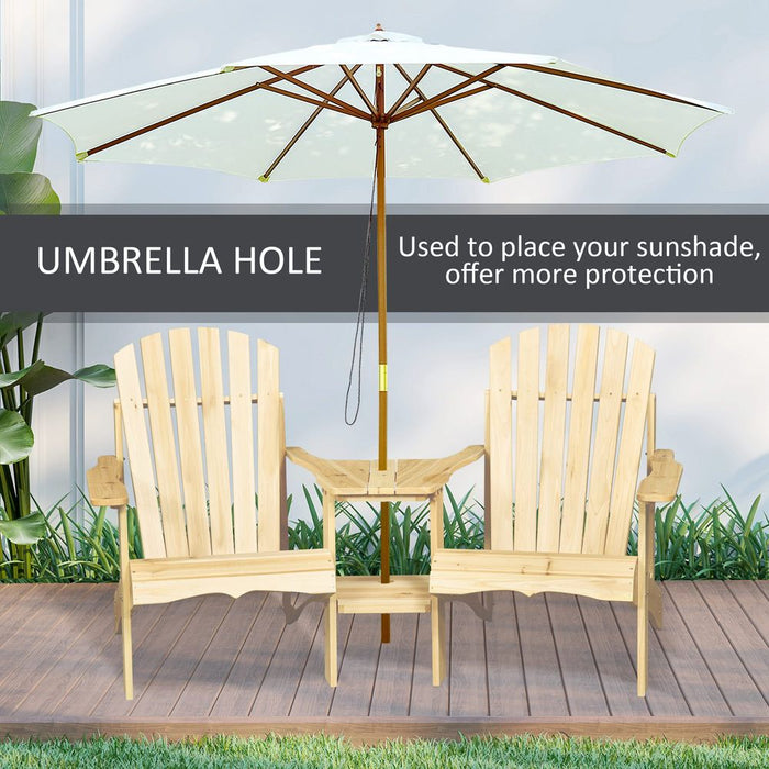 Wooden Double Adirondack Chairs Loveseat & Center Table & Umbrella Hole, Natural